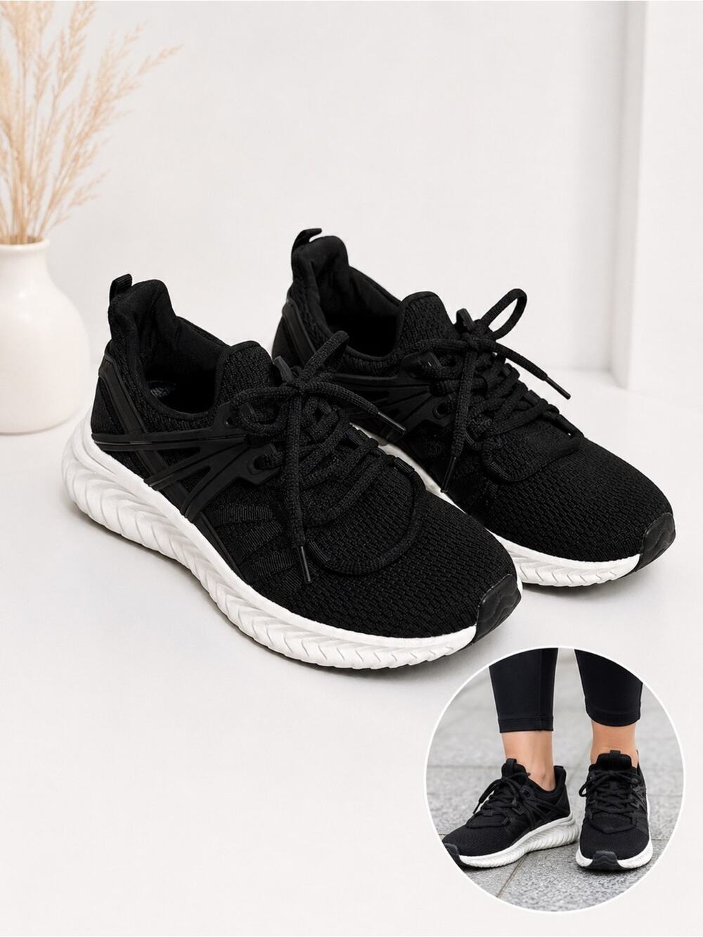 Womens Sneakers Size 8 Black Lace Up Walking Running White Sole cute fashion